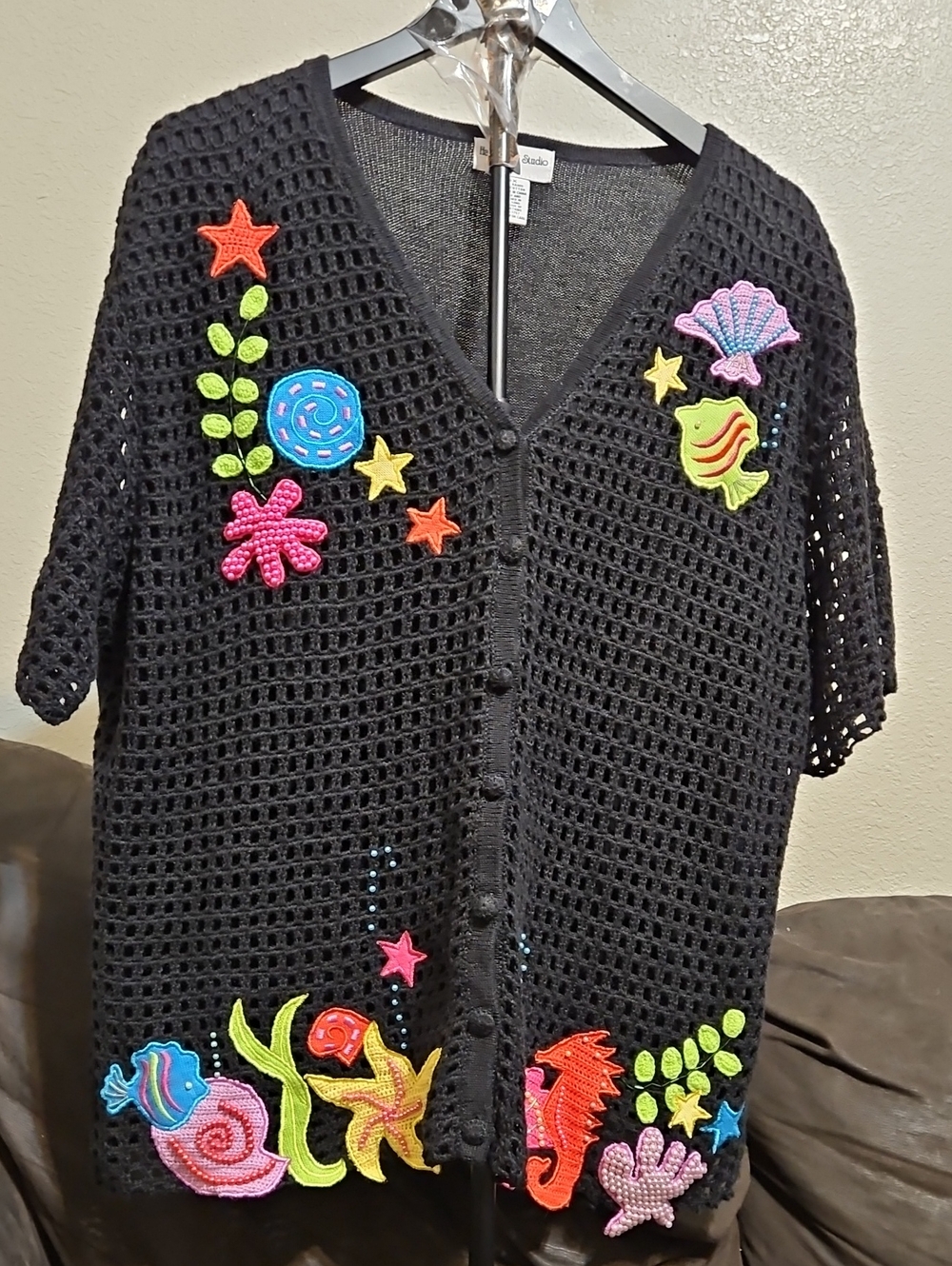 Black Crochet Cardigan with Colorful Ocean Embroidered Appliqués